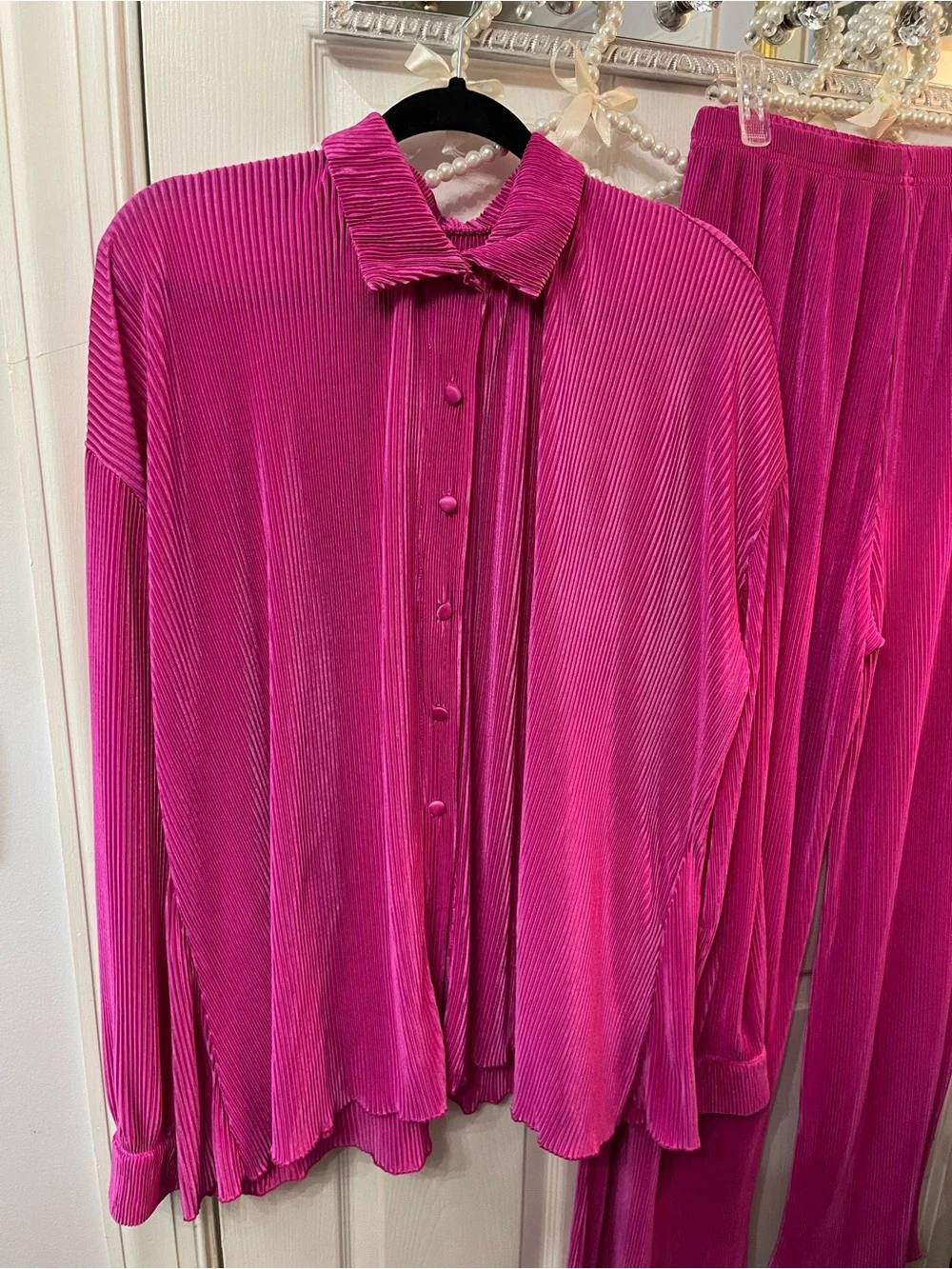 Women's Fuchsia Pleated Button-Up Top & Wide Leg Pants Set